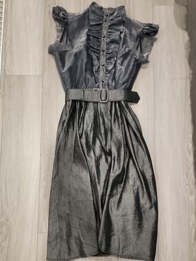 1980'sSheer Ruffle Belted Midi Dress - GREY